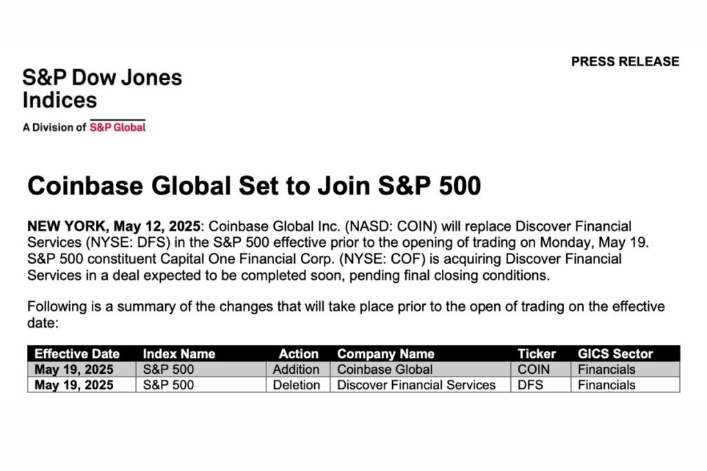 Coinbase Became World 1st Listed Crypto Company on the S&P 500 2 Coinbase Became World 1st Listed Crypto Company on the S&P 500 Coinbase which will officially join the S&P 500 on May 19, 2025.