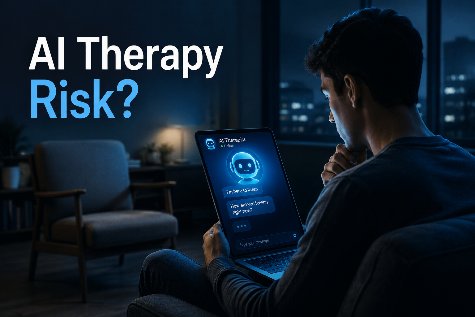 Person using an AI therapy chatbot while an empty therapist chair sits in the background.