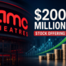 AMC Theatres branding with a financial growth graphic representing the company's $200 million registered direct stock offering and debt reduction strategy.