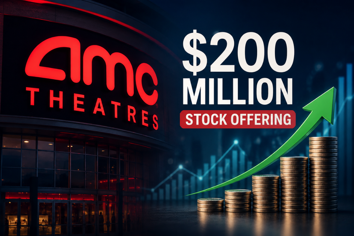AMC Theatres branding with a financial growth graphic representing the company's $200 million registered direct stock offering and debt reduction strategy.