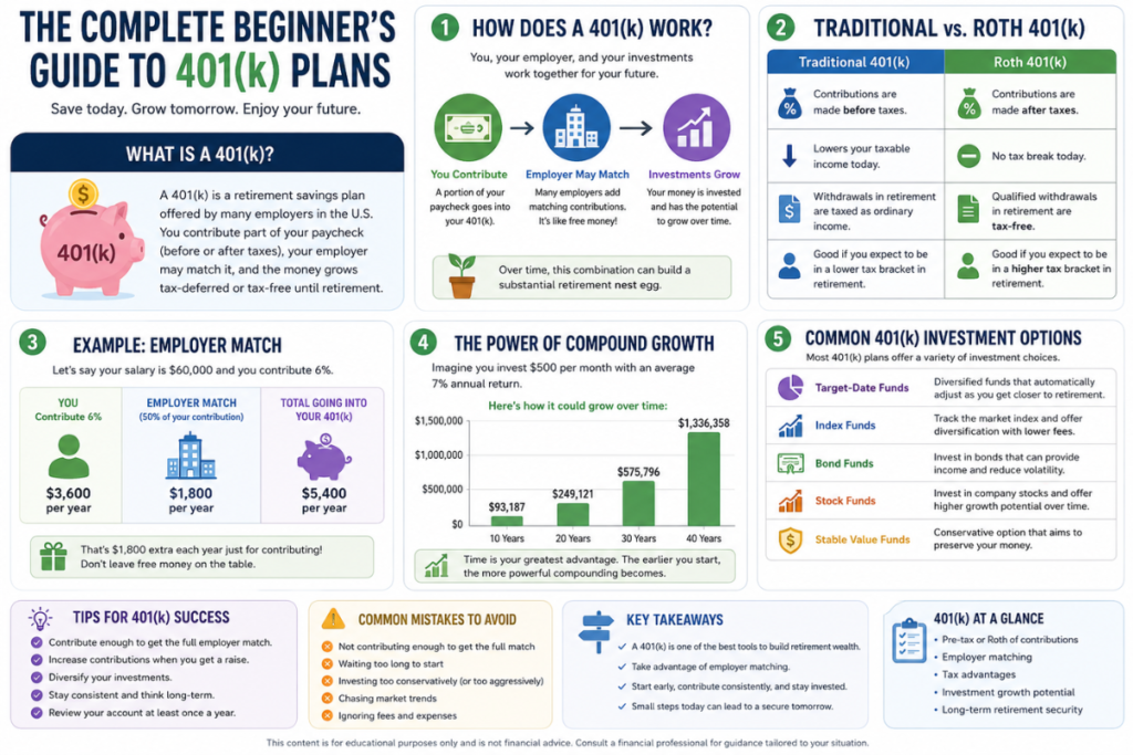 Infographic explaining how a 401(k) retirement plan works, including employer matching, Traditional vs. Roth 401(k), investment options, compound growth, and key retirement saving tips.