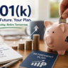 Infographic explaining how a 401(k) retirement plan works, including employer matching, Traditional vs. Roth 401(k), investment options, compound growth, and key retirement saving tips.