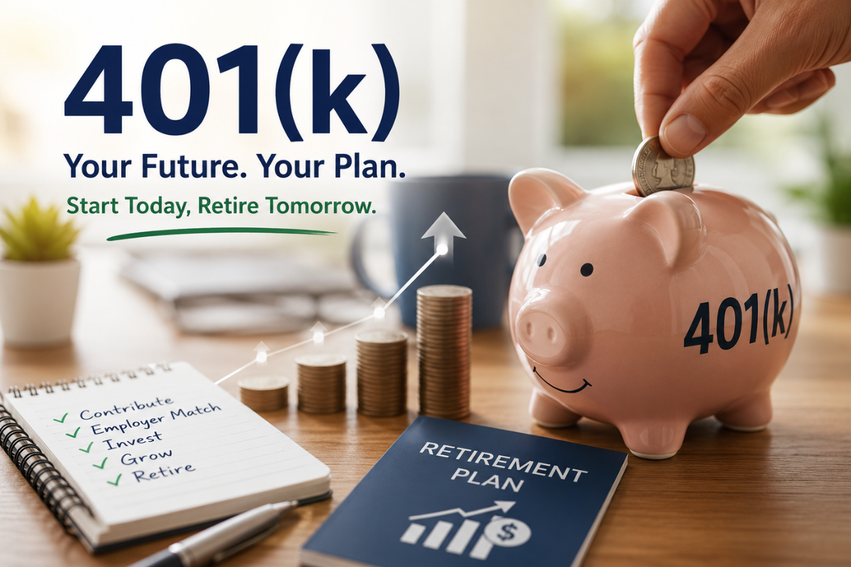 Infographic explaining how a 401(k) retirement plan works, including employer matching, Traditional vs. Roth 401(k), investment options, compound growth, and key retirement saving tips.