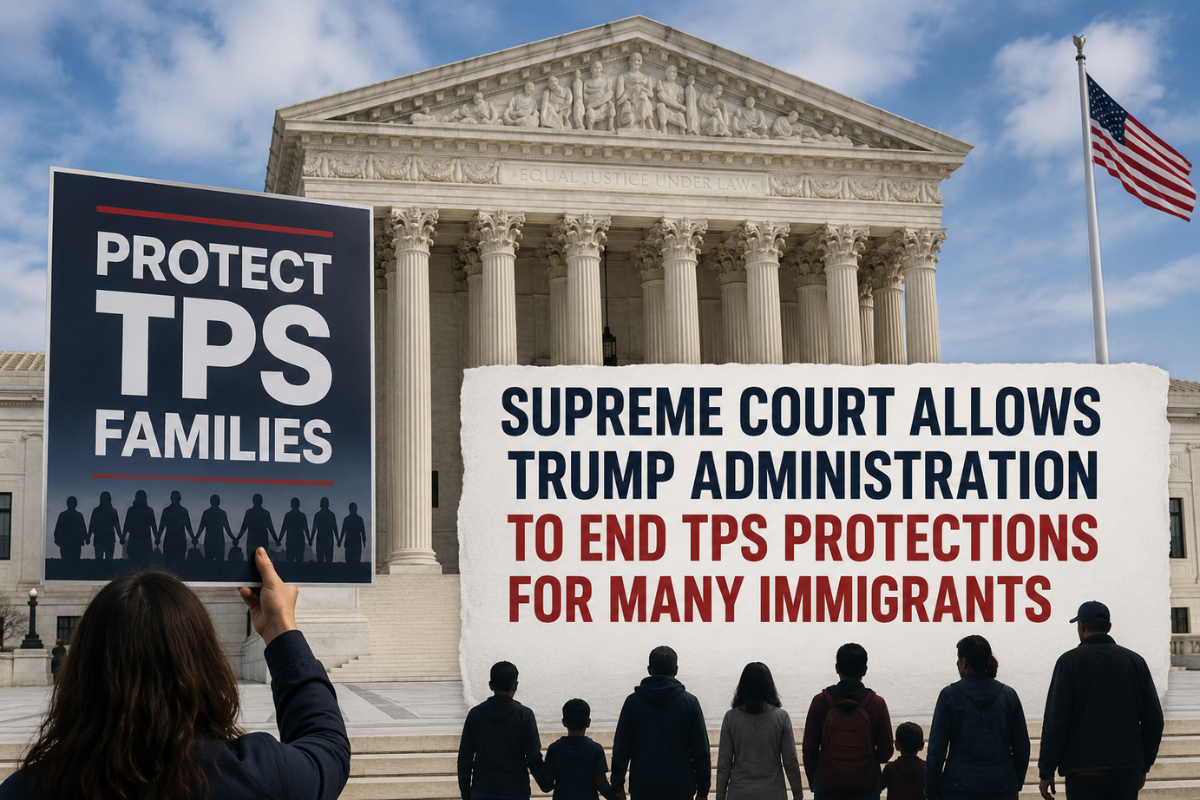 The U.S. Supreme Court building in Washington, D.C., representing the Court's decision allowing the Trump administration to move forward with ending Temporary Protected Status (TPS) protections for many immigrants.