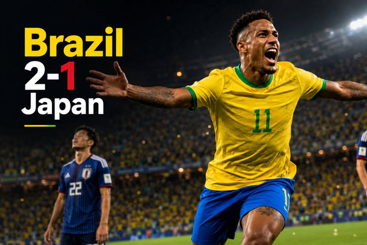 Gabriel Martinelli-inspired late goal scene as Brazil beat Japan 2-1 in the World Cup knockout stage.