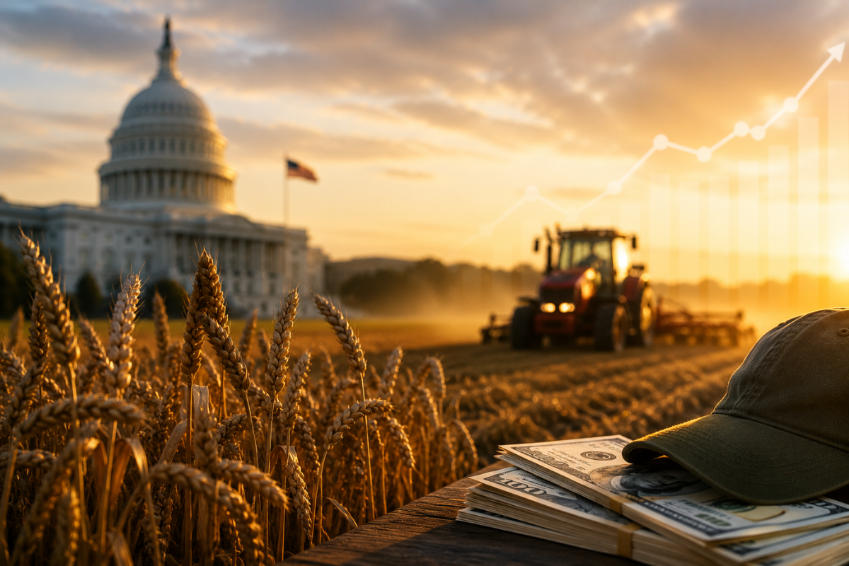 American farmland with rising government subsidy concept representing U.S. agricultural financial support and economic pressure.
