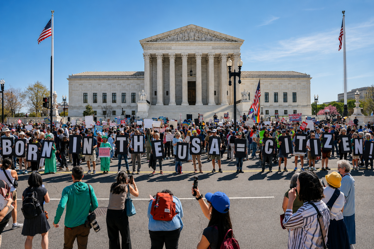 Protesters outside the U.S. Supreme Court hold signs supporting birthright citizenship.