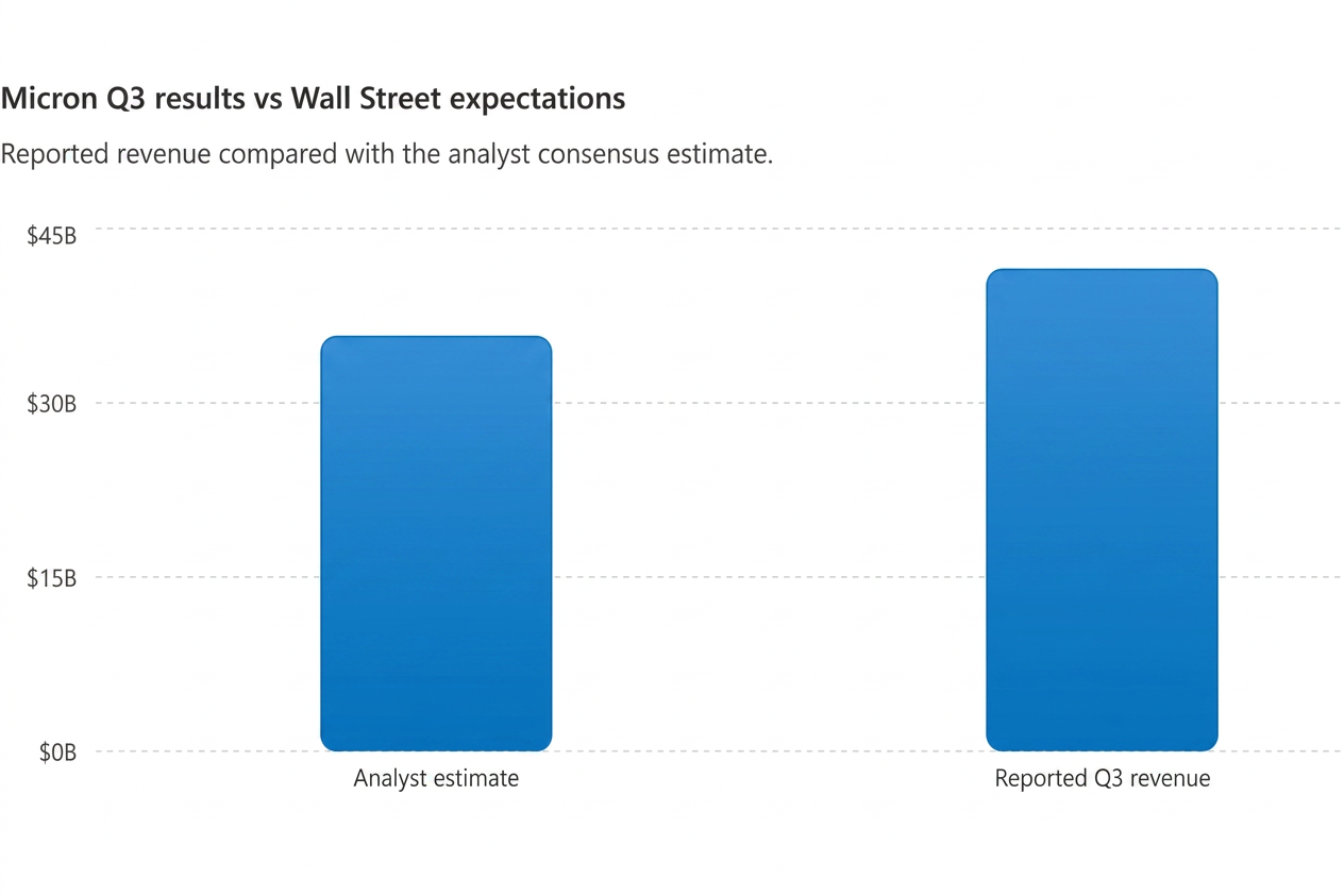 Bar chart comparing Micron Q3 reported revenue of approximately $37 billion to analyst estimate of about $33 billion