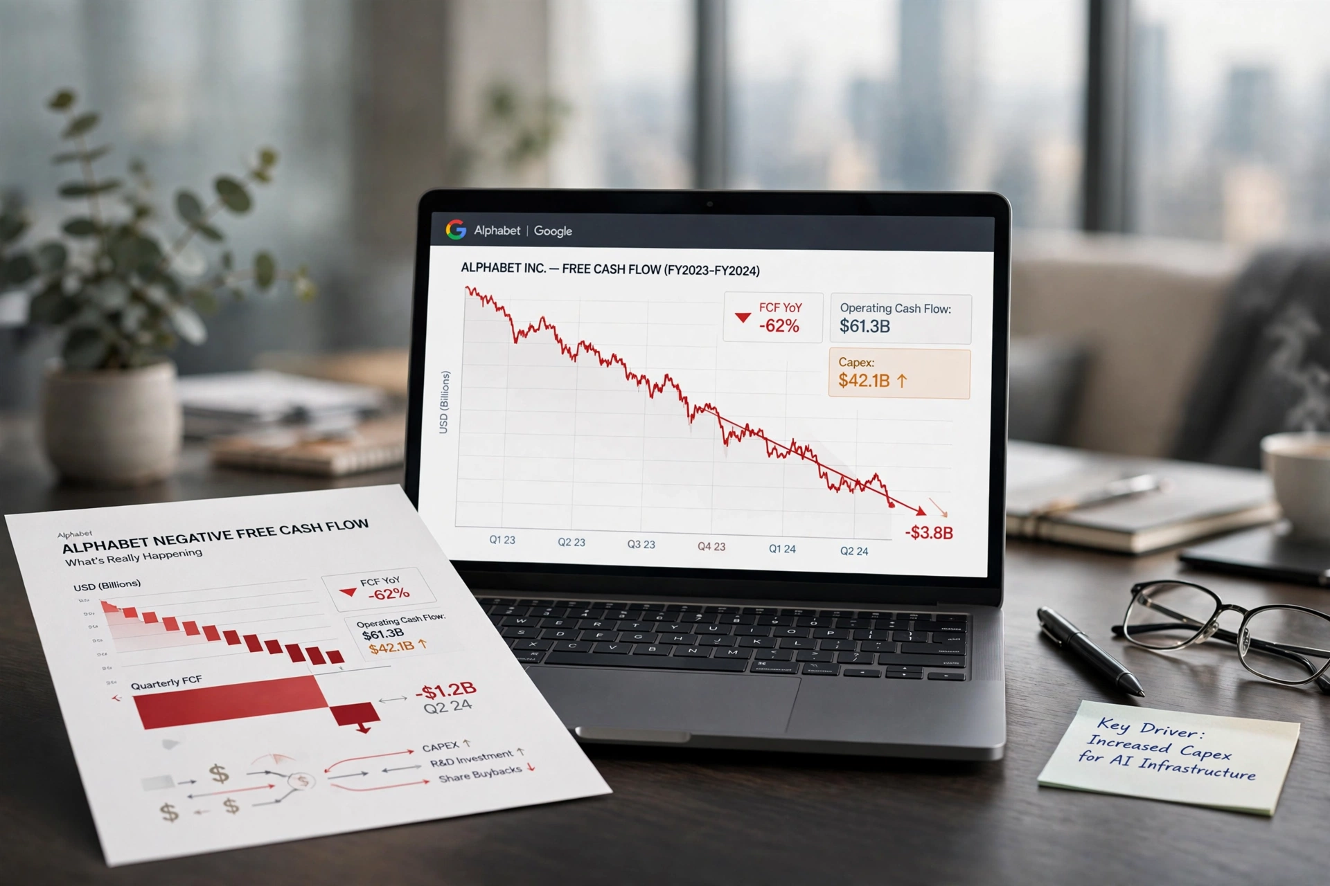 Alphabet and Google logo signage, representing the company's Q2 2026 earnings report showing negative free cash flow amid record AI infrastructure spending