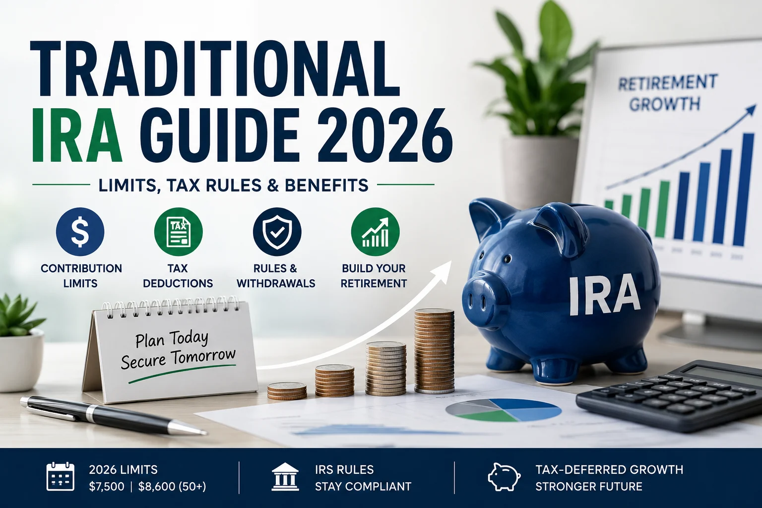 Traditional IRA Guide 2026 showing contribution limits, tax deductions, retirement growth and IRA planning