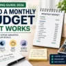 Budgeting Guide 2026 showing a monthly budget planner, savings goals, expense tracking and debt reduction