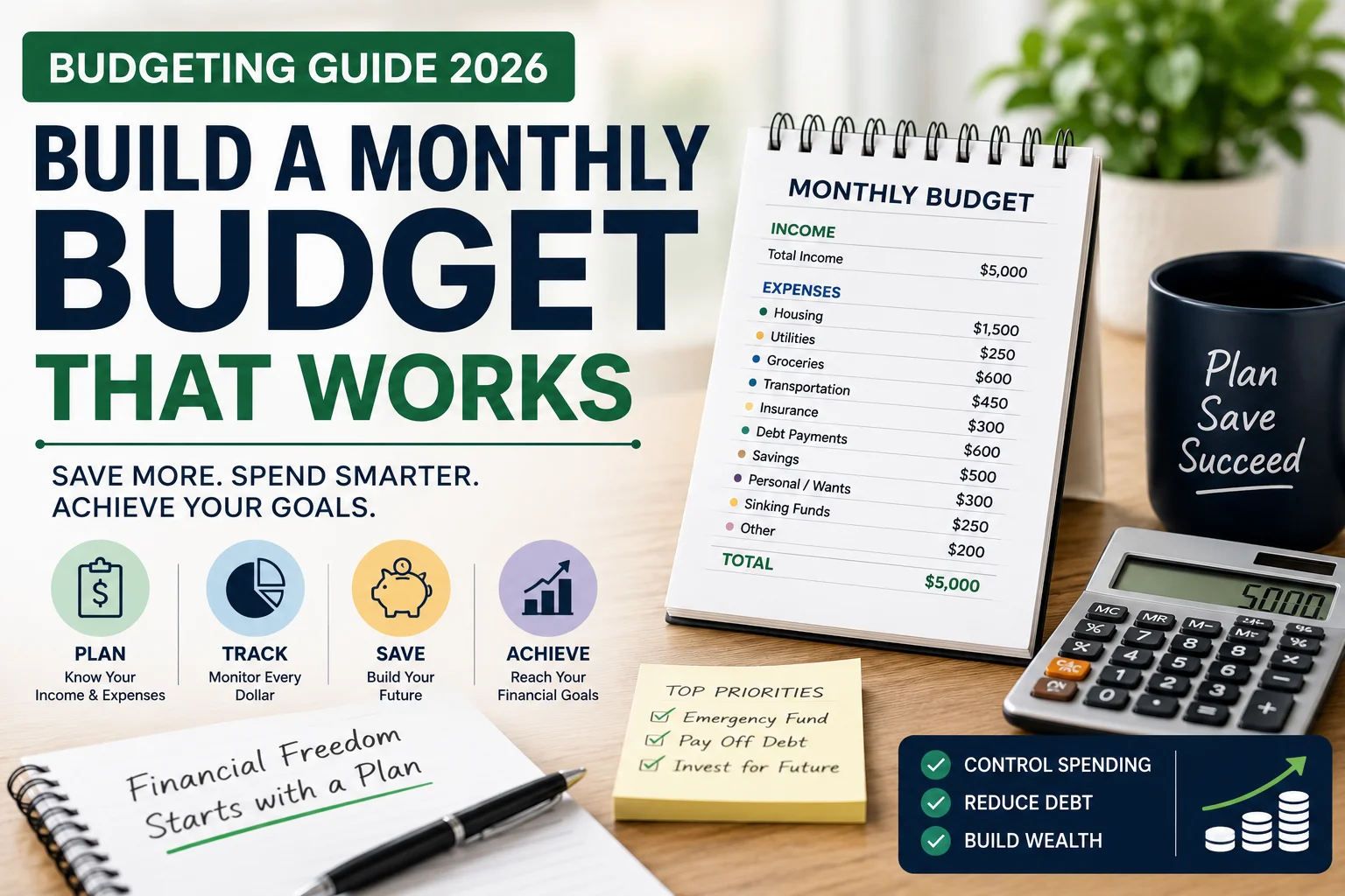 Budgeting Guide 2026 showing a monthly budget planner, savings goals, expense tracking and debt reduction