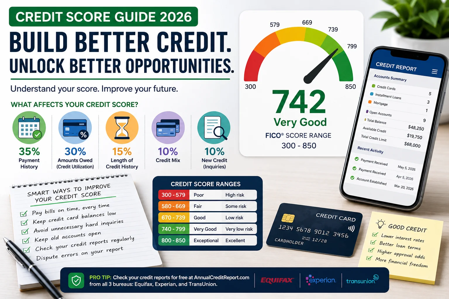 Credit Score Guide 2026 showing FICO score ranges, payment history, credit utilization and ways to improve credit