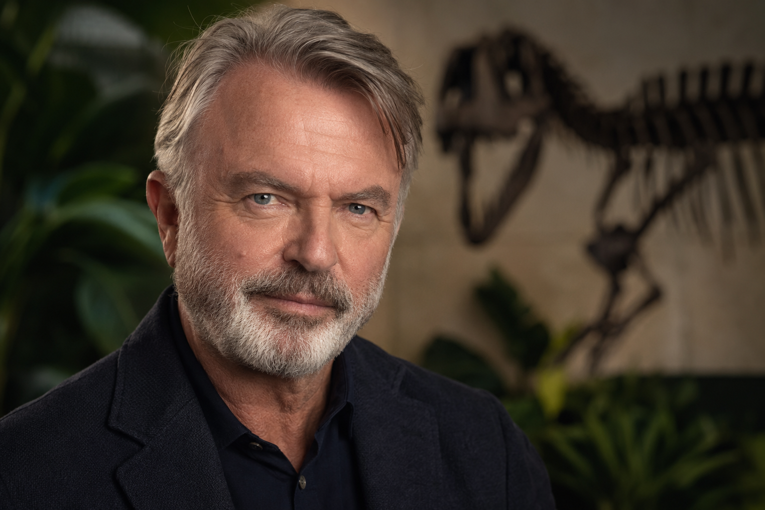 AI-generated editorial portrait of Sam Neill with a dinosaur skeleton in the background.