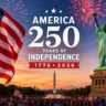Fireworks light up the sky as Americans celebrate the nation's 250th anniversary of independence with flags, historic landmarks, and nationwide Fourth of July events.
