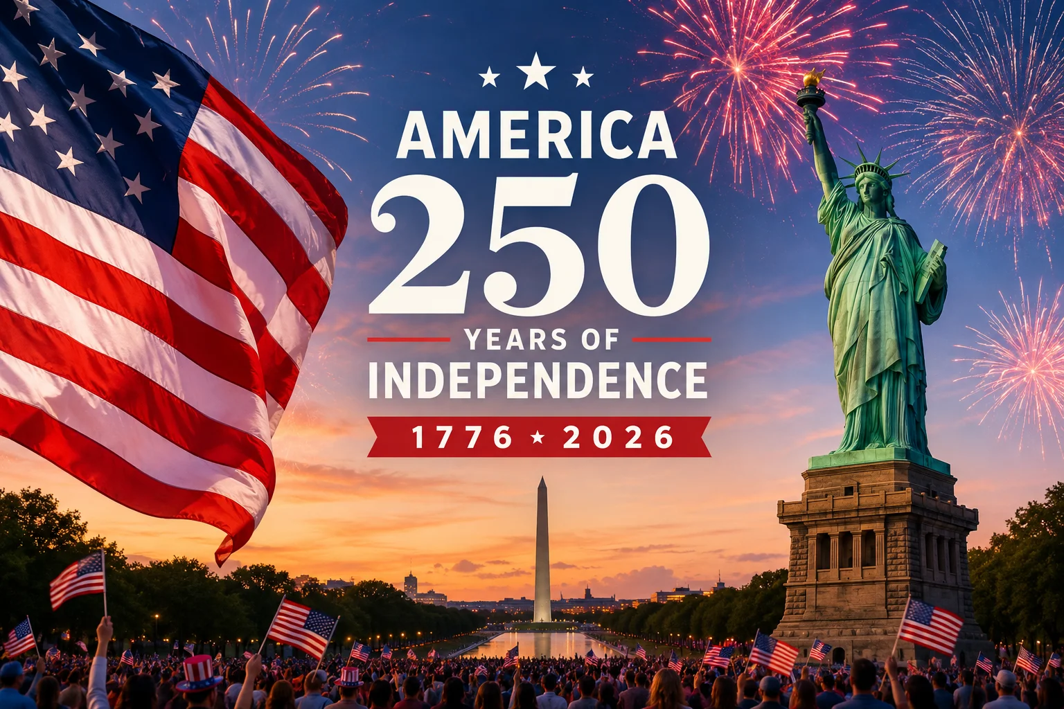 Fireworks light up the sky as Americans celebrate the nation's 250th anniversary of independence with flags, historic landmarks, and nationwide Fourth of July events.