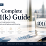 The Complete 401(k) Guide showing retirement planning documents, financial charts, and investment workspace representing employer matching, contribution limits, and long-term retirement savings.
