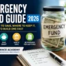 Emergency Fund Guide showing a savings jar filled with cash, financial planning documents, calculator, and budgeting tools representing emergency savings and financial security.