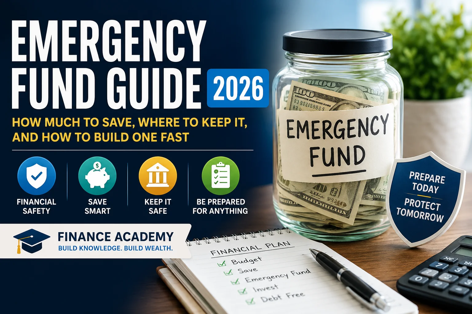 Emergency Fund Guide showing a savings jar filled with cash, financial planning documents, calculator, and budgeting tools representing emergency savings and financial security.