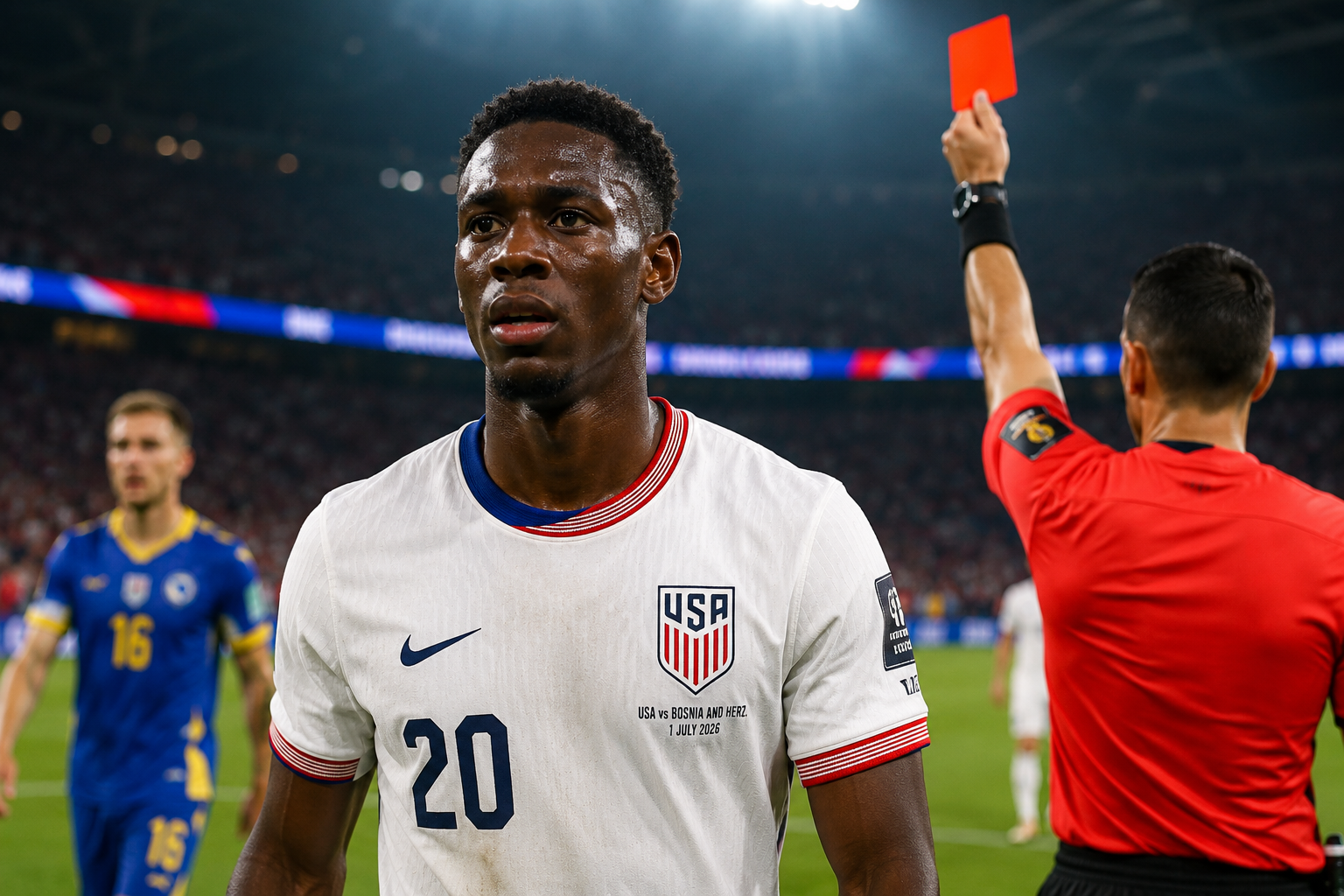 Folarin Balogun reacts after receiving a red card during the USA vs Bosnia World Cup match, leading to his suspension for the Belgium game.