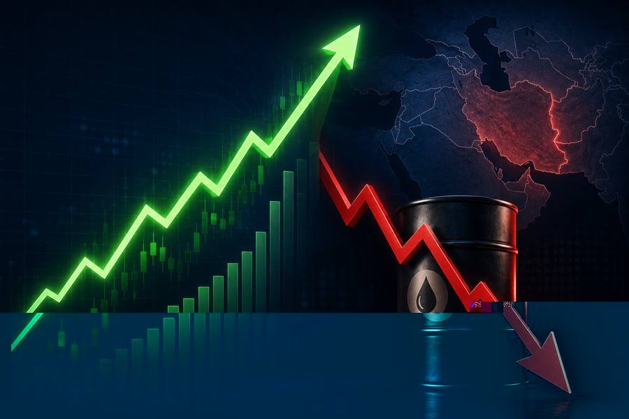 Green upward stock chart arrow beside a red downward-trending oil price arrow with an oil barrel, set against a Middle East map background, representing markets rising as oil prices dropped after the US paused strikes on Iran